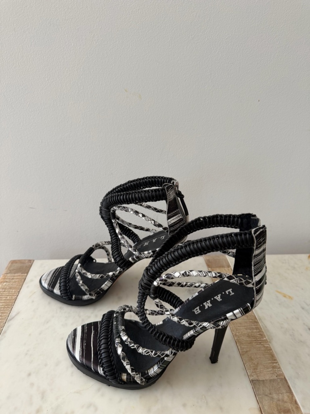 L.A.M.B. Black and White Strappy Rope-Trim High Heel Sandals